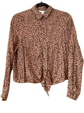 H&M Leopard Print Tie Front Blouse Cropped Button Front Top Size 6